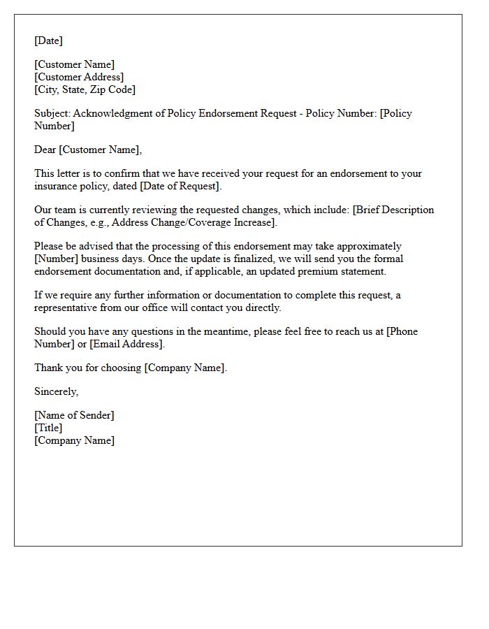 Policy Endorsement Request Acknowledgment Letter