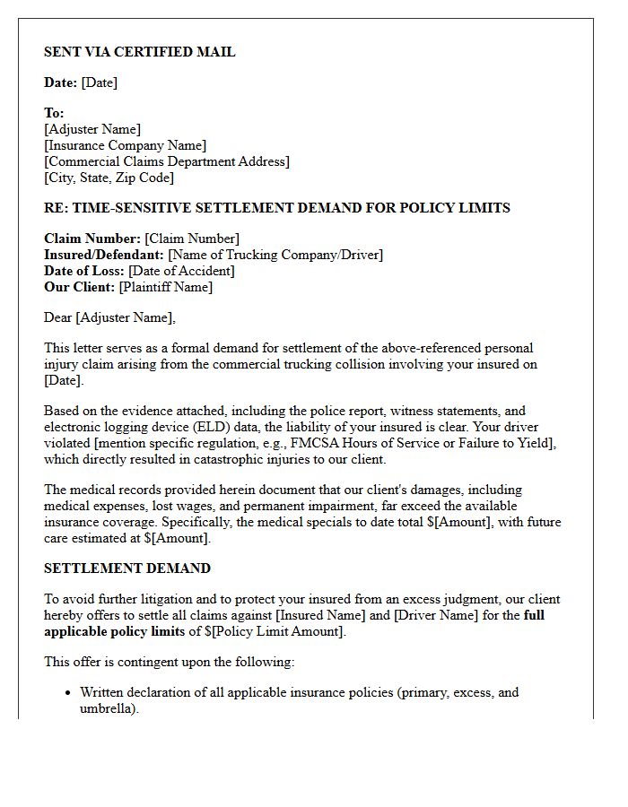 Policy Limits Commercial Trucking Accident Settlement Offer Letter