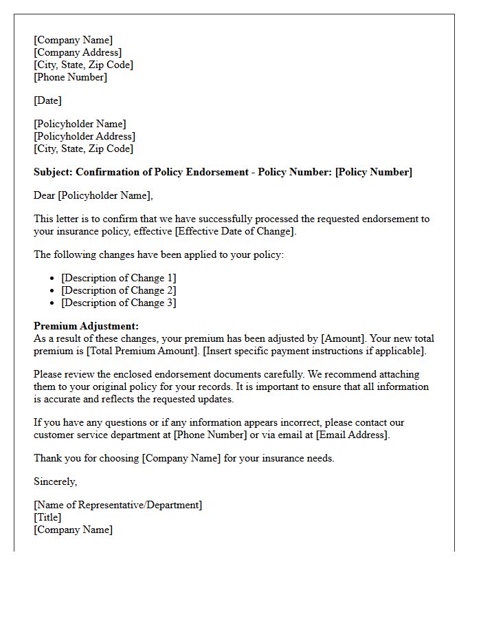Policy Endorsement Processing Confirmation Letter