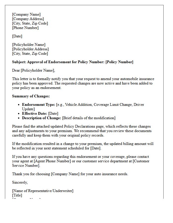 Automobile Policy Endorsement Approval Letter