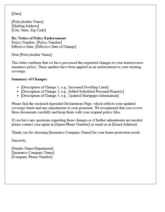 Homeowners Insurance Endorsement Processing Letter