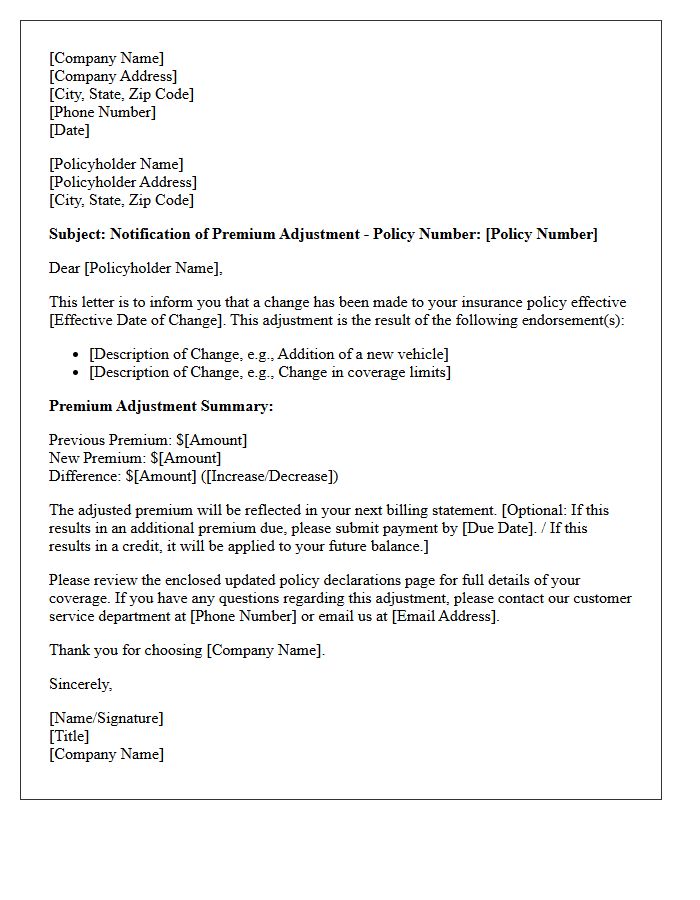 Policy Endorsement Premium Adjustment Notification Letter