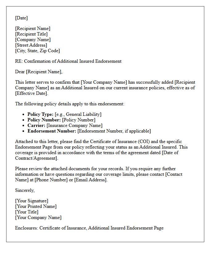Additional Insured Endorsement Confirmation Letter