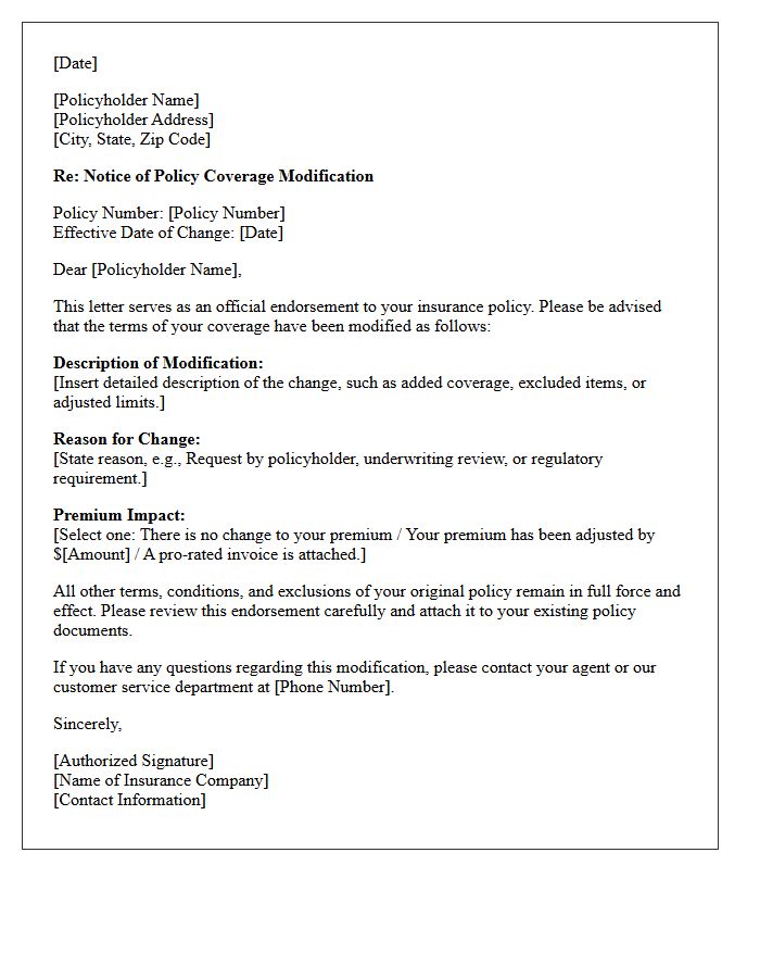 Policy Coverage Modification Endorsement Letter