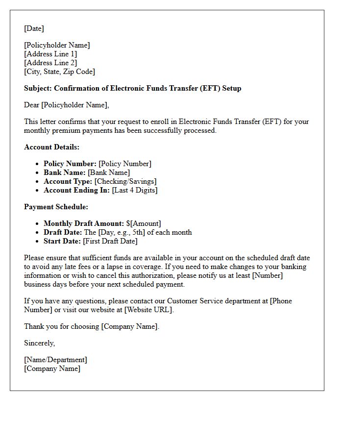 Electronic Funds Transfer Setup Confirmation Letter for Monthly Premium Payments