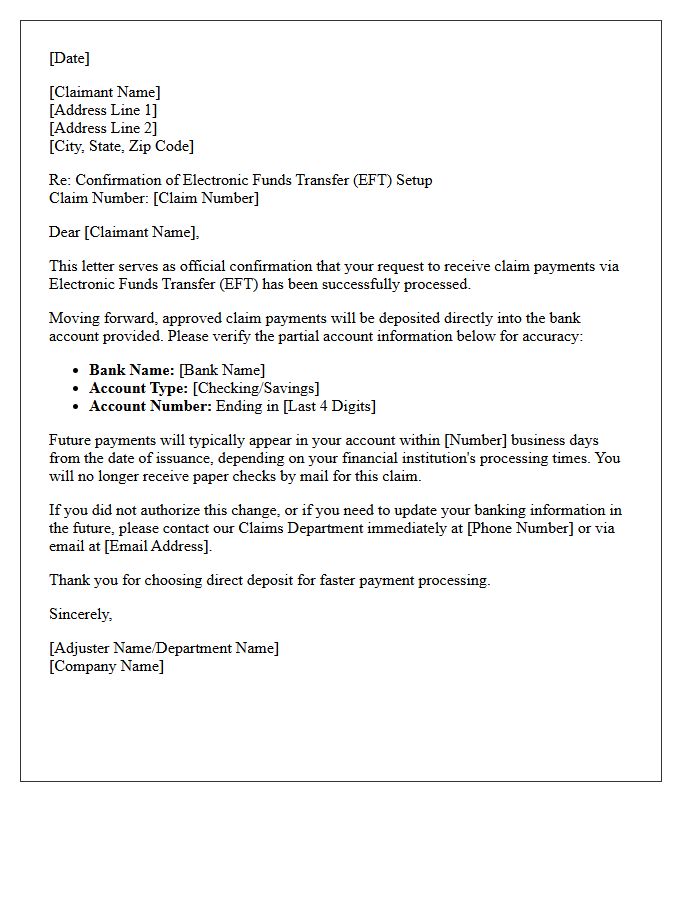 Claim Payout Electronic Funds Transfer Setup Confirmation Letter