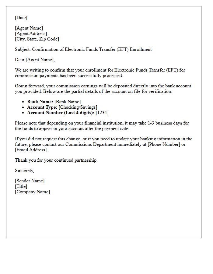 Agent Commission Electronic Funds Transfer Enrollment Confirmation Letter