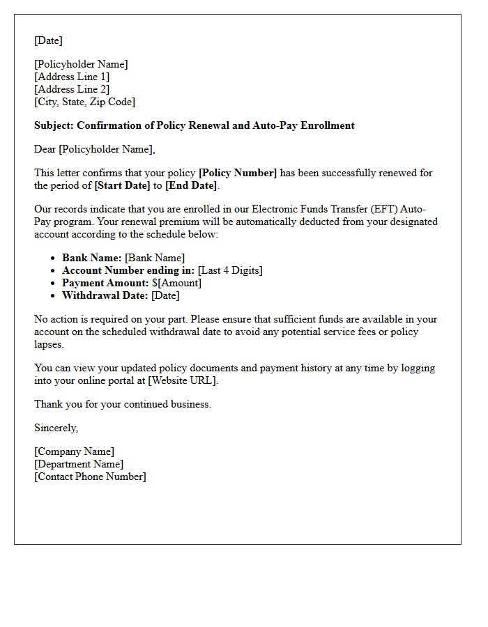 Policy Renewal Auto-Pay Electronic Funds Transfer Confirmation Letter