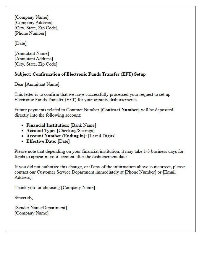 Annuity Disbursement Electronic Funds Transfer Setup Confirmation Letter