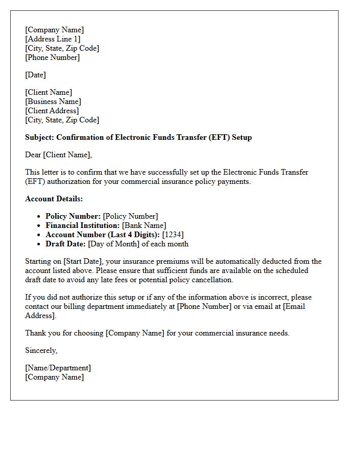 Commercial Insurance Electronic Funds Transfer Setup Confirmation Letter