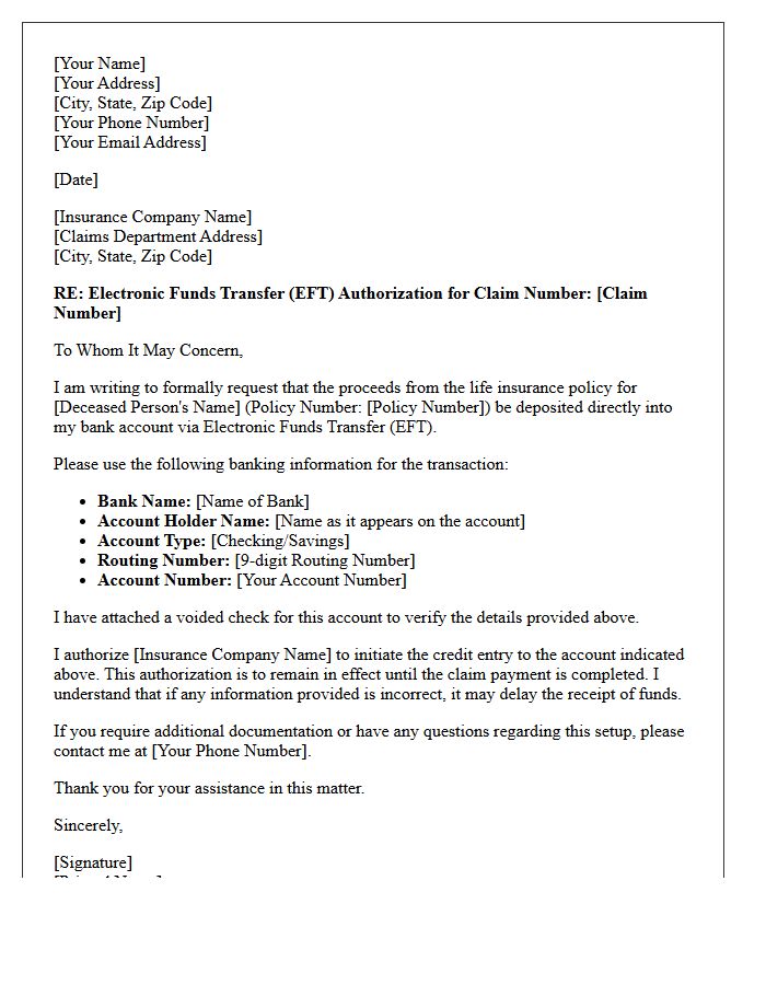 Life Insurance Beneficiary Electronic Funds Transfer Setup Letter