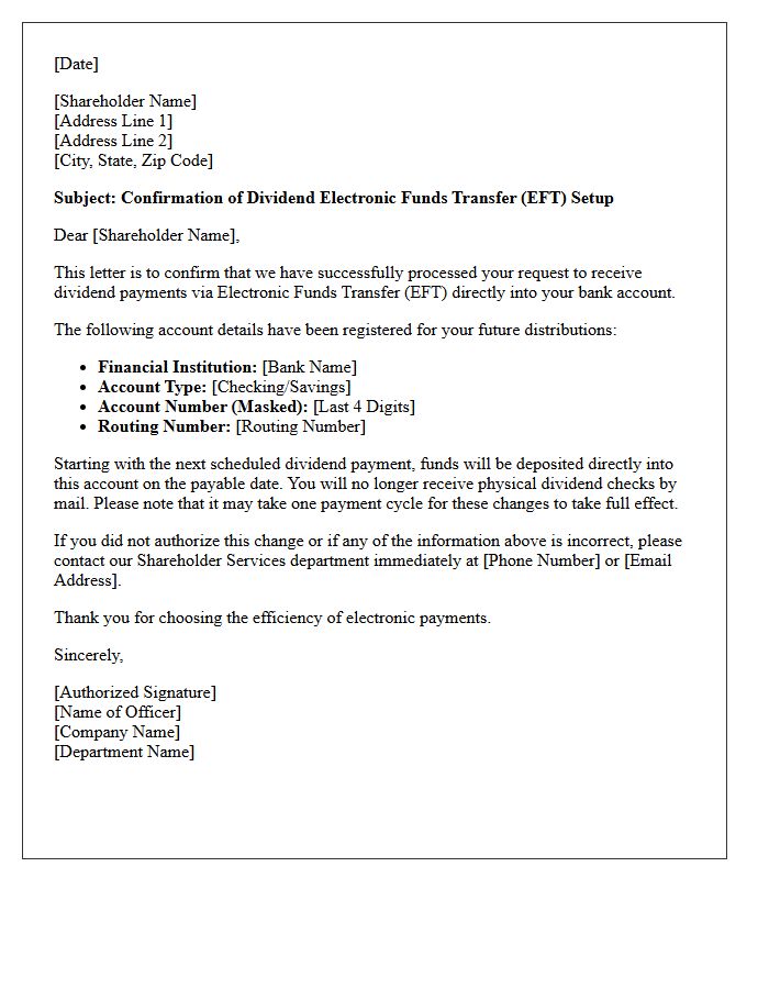 Dividend Payment Electronic Funds Transfer Setup Confirmation Letter