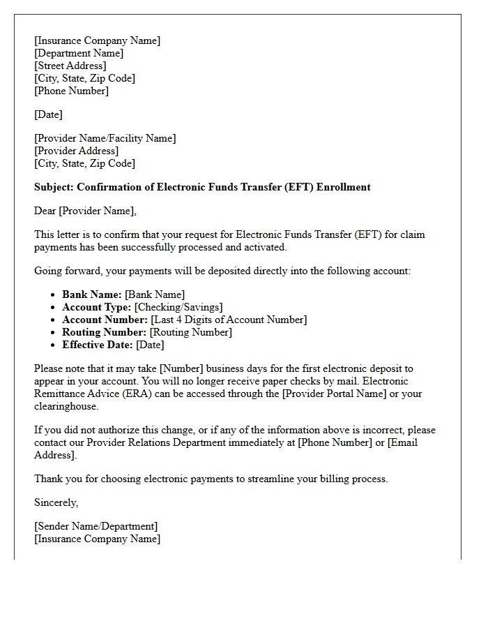 Health Insurance Provider Electronic Funds Transfer Confirmation Letter
