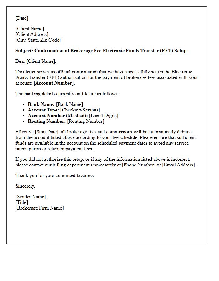 Brokerage Fee Electronic Funds Transfer Setup Confirmation Letter