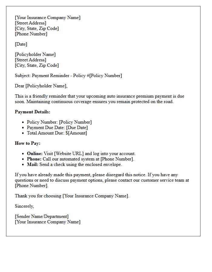 Upcoming Auto Insurance Premium Payment Reminder Letter