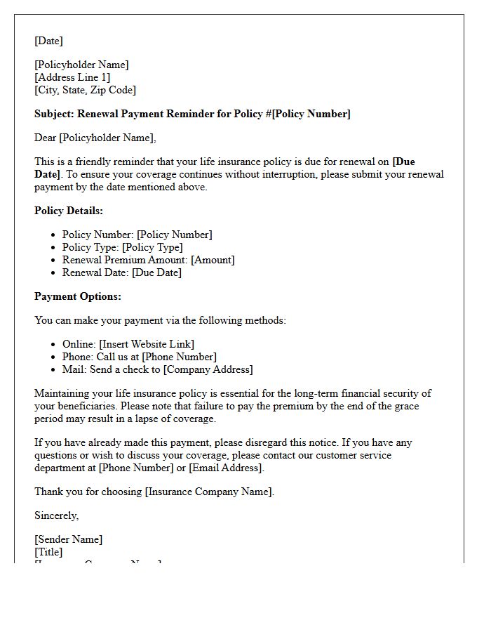 Life Insurance Policy Renewal Payment Reminder Letter