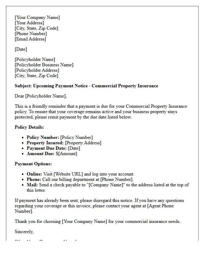 Commercial Property Insurance Upcoming Payment Notice Letter