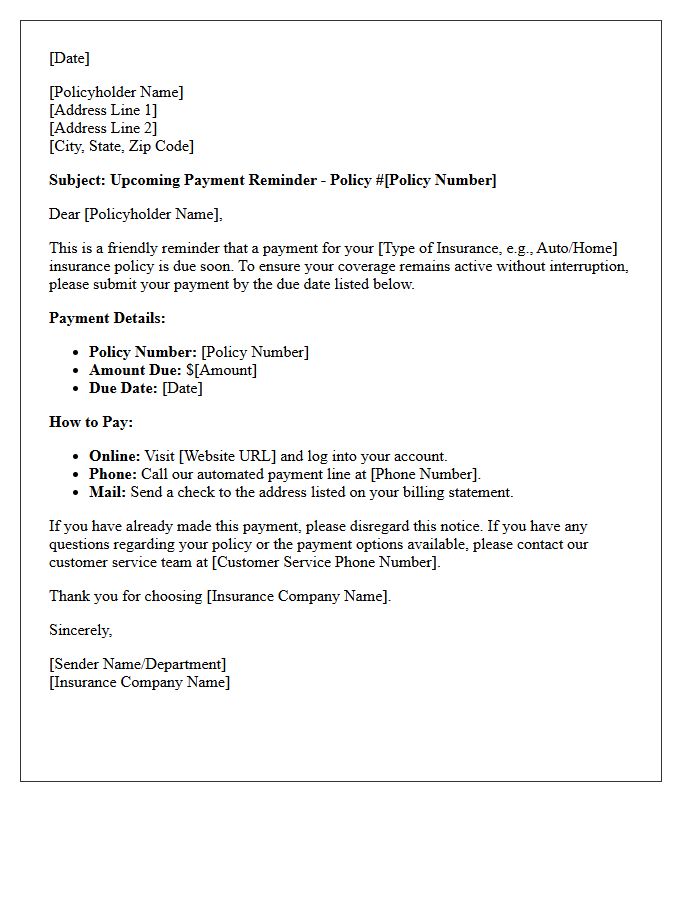 General Insurance Policy Upcoming Payment Reminder Letter
