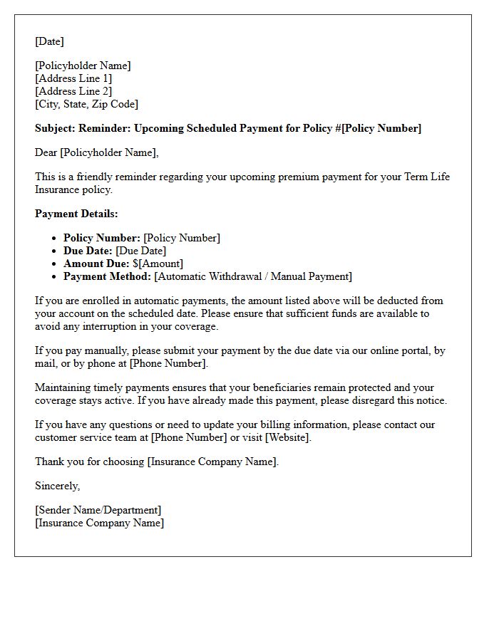Term Life Insurance Upcoming Scheduled Payment Letter