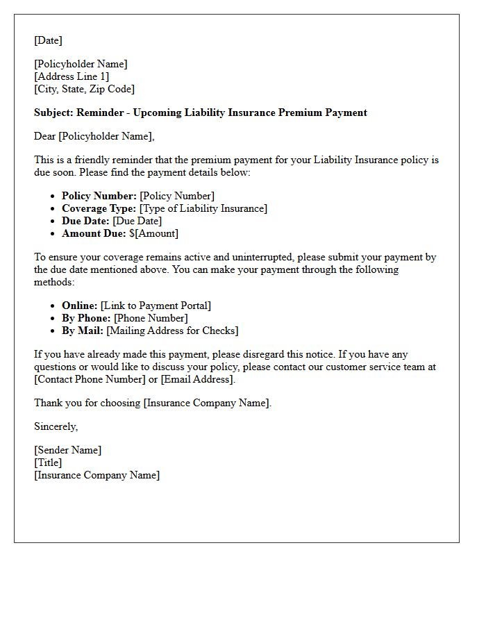 Upcoming Liability Insurance Premium Payment Reminder Letter