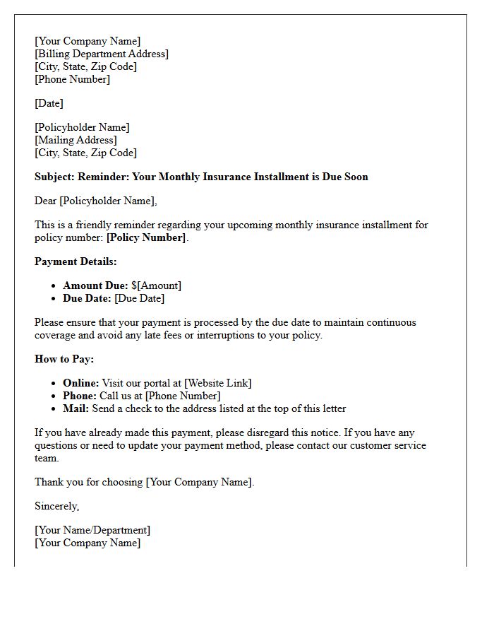 Monthly Insurance Installment Upcoming Payment Reminder Letter