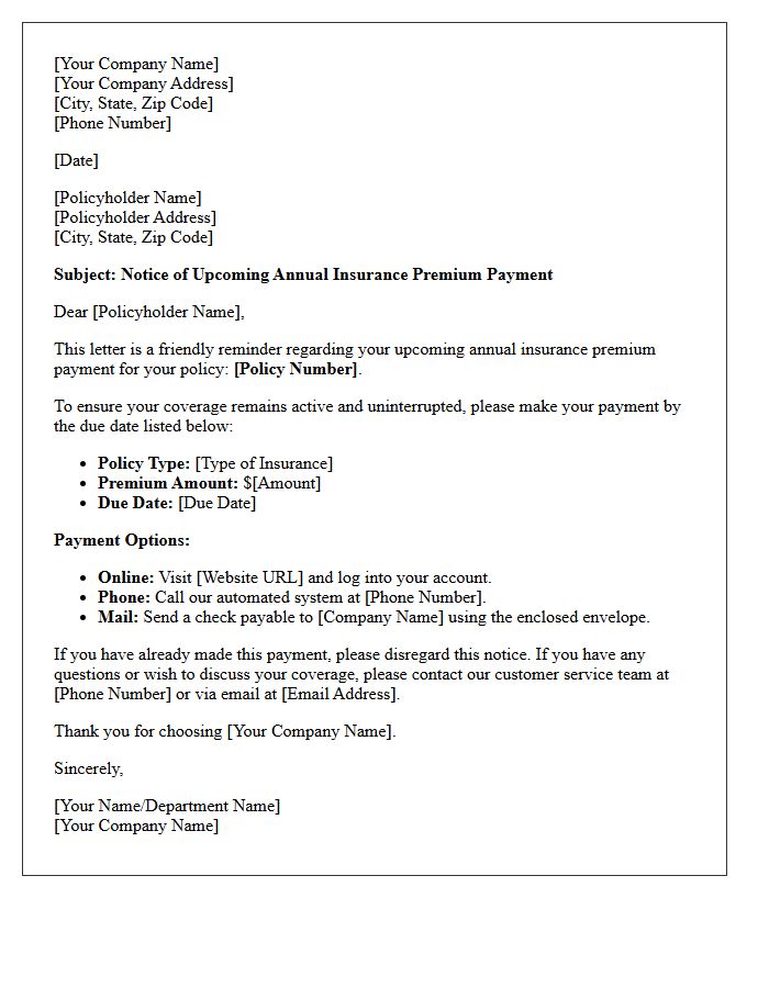 Annual Insurance Premium Upcoming Payment Notice Letter