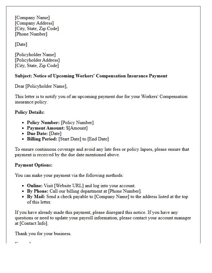 Workers Compensation Insurance Upcoming Payment Letter