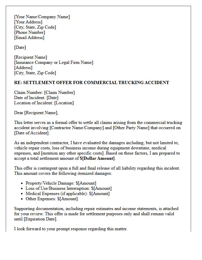 Independent Contractor Commercial Trucking Accident Settlement Offer Letter