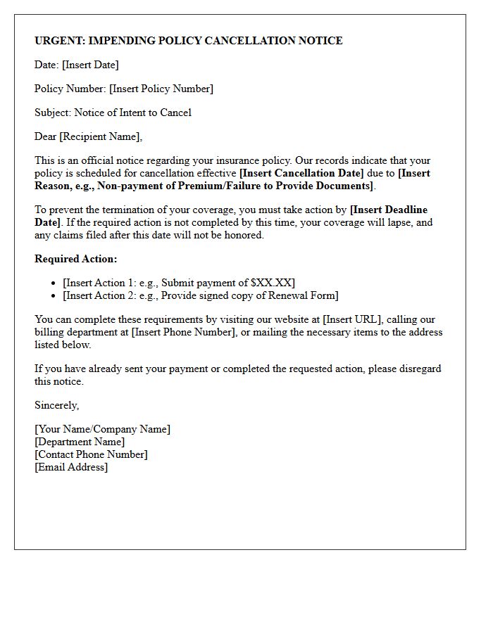Urgent Impending Policy Cancellation Action Required Letter
