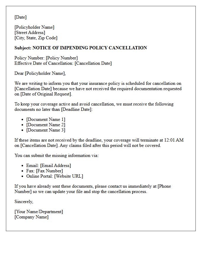 Impending Policy Cancellation Letter Due To Missing Documentation