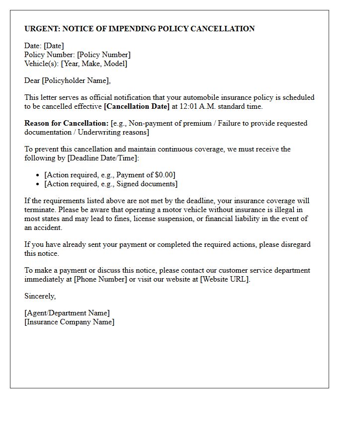 Auto Insurance Impending Policy Cancellation Notice Letter