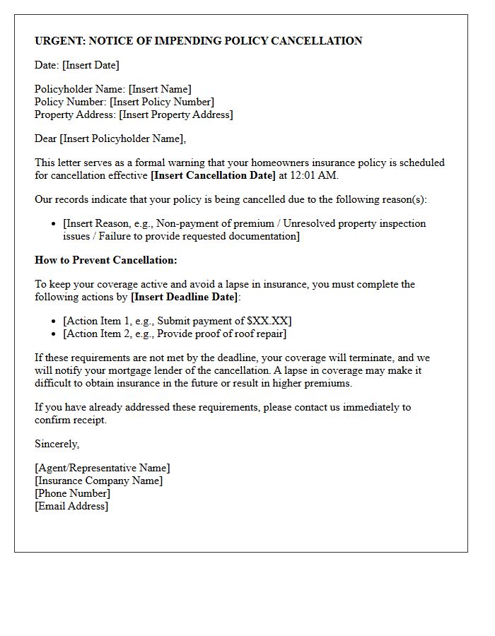 Homeowners Impending Policy Cancellation Warning Letter