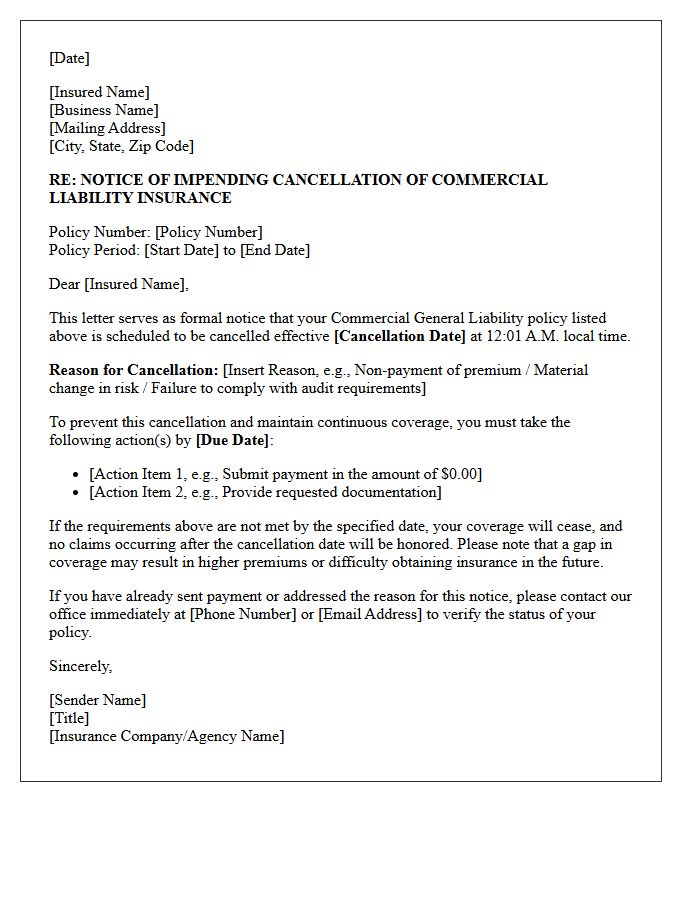 Commercial Liability Impending Policy Cancellation Letter