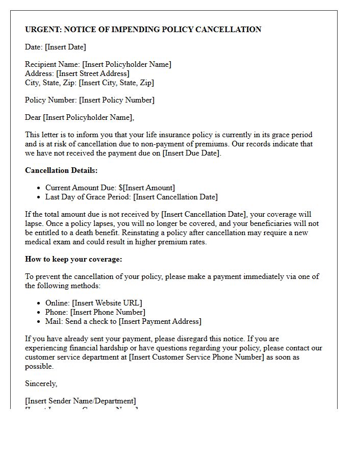 Life Insurance Impending Policy Cancellation Alert Letter