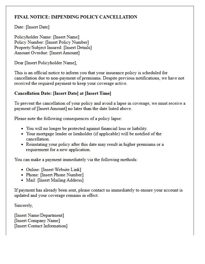 Final Notice Impending Policy Cancellation Letter