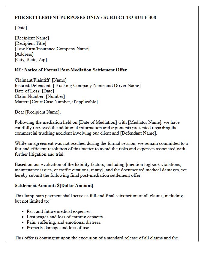 Post-Mediation Commercial Trucking Accident Settlement Offer Letter