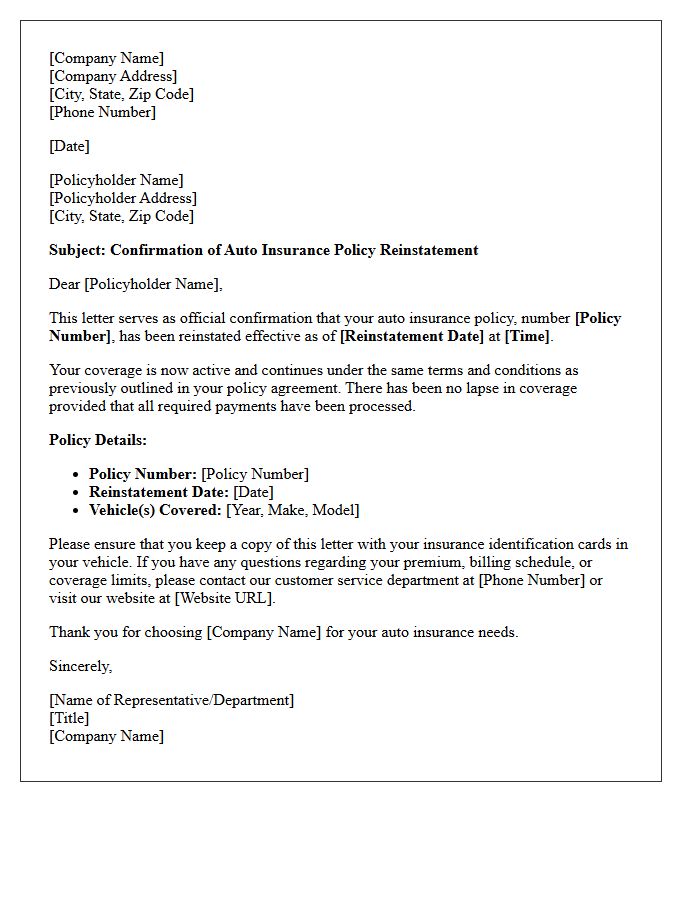 Standard Auto Insurance Policy Reinstatement Confirmation Letter