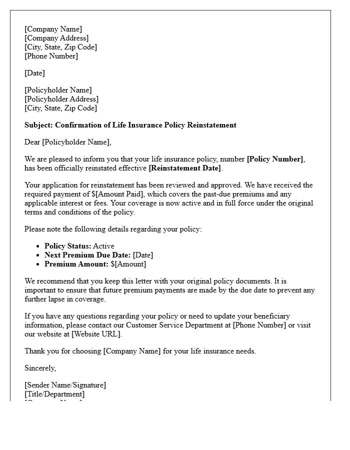 Life Insurance Coverage Reinstatement Confirmation Letter