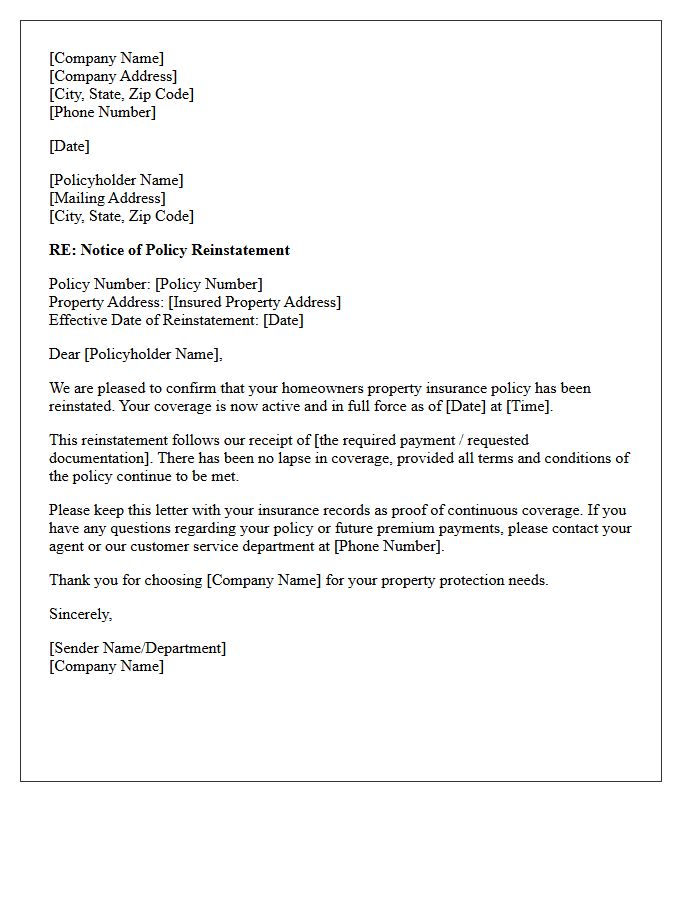 Homeowners Property Policy Reinstatement Confirmation Letter
