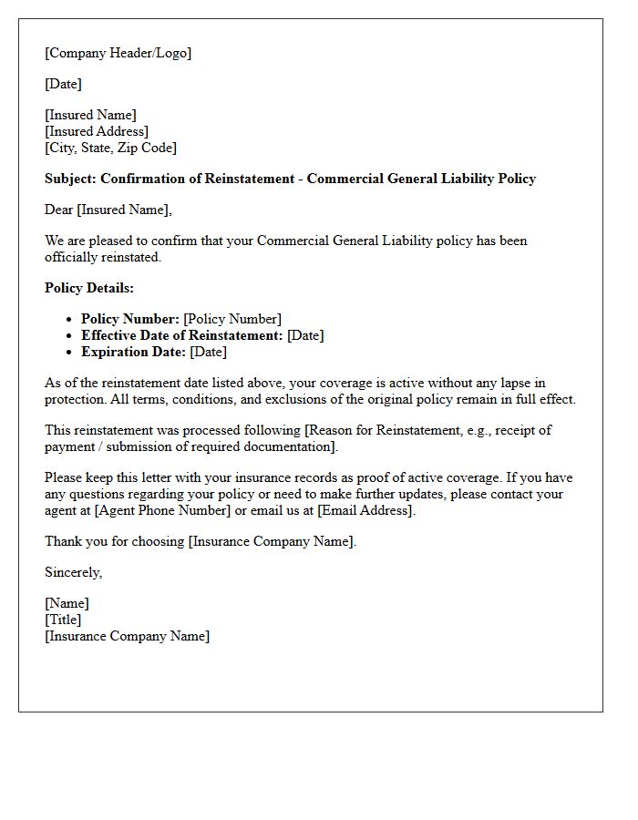 Commercial General Liability Policy Reinstatement Confirmation Letter
