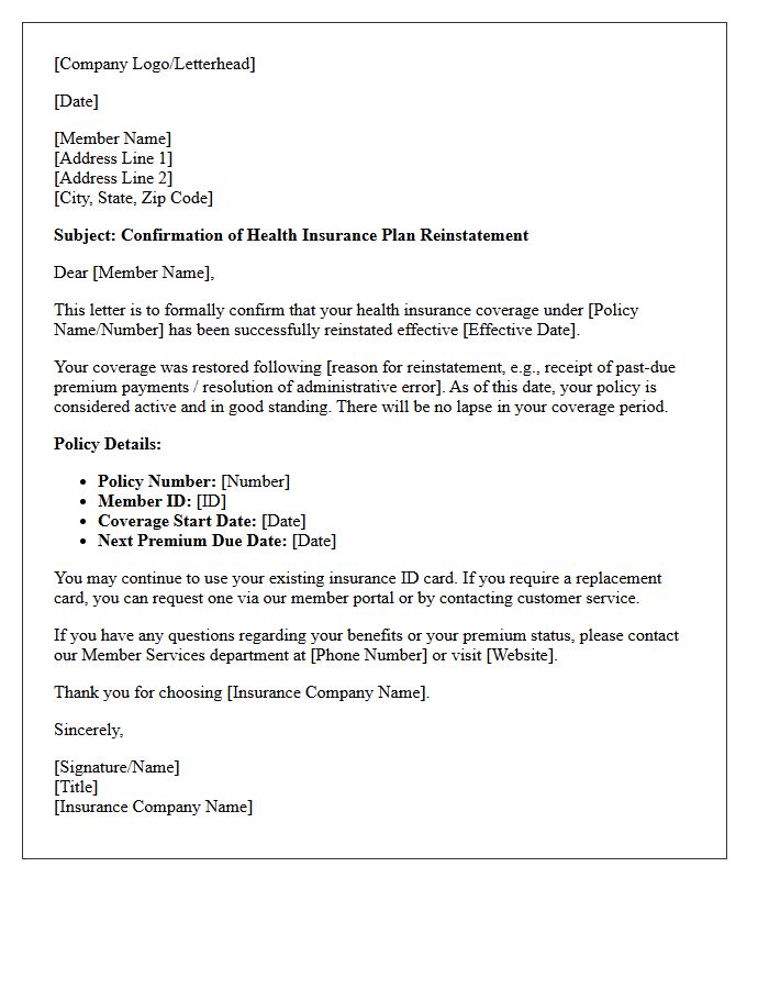 Health Insurance Plan Reinstatement Confirmation Letter