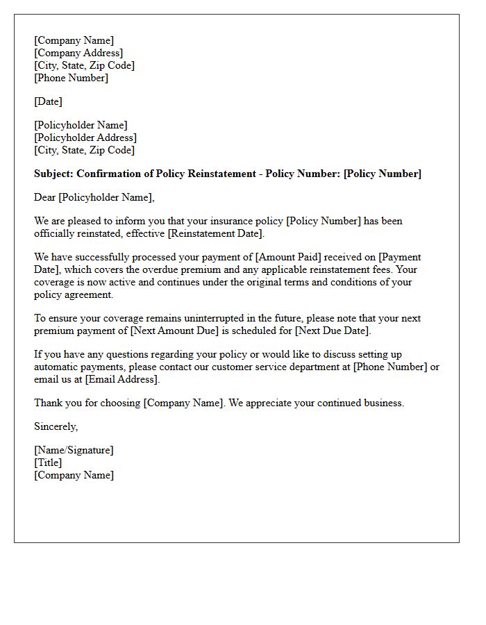 Overdue Premium Payment Policy Reinstatement Confirmation Letter