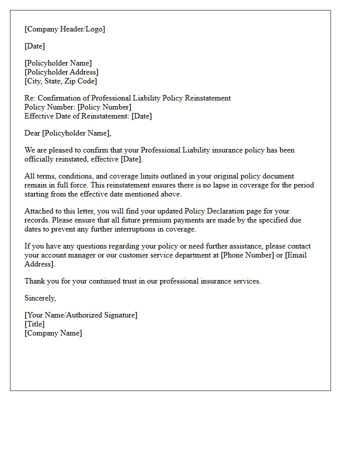 Professional Liability Policy Reinstatement Confirmation Letter