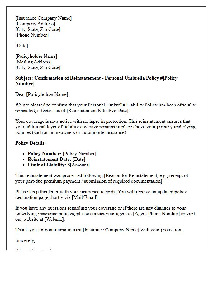 Personal Umbrella Policy Reinstatement Confirmation Letter