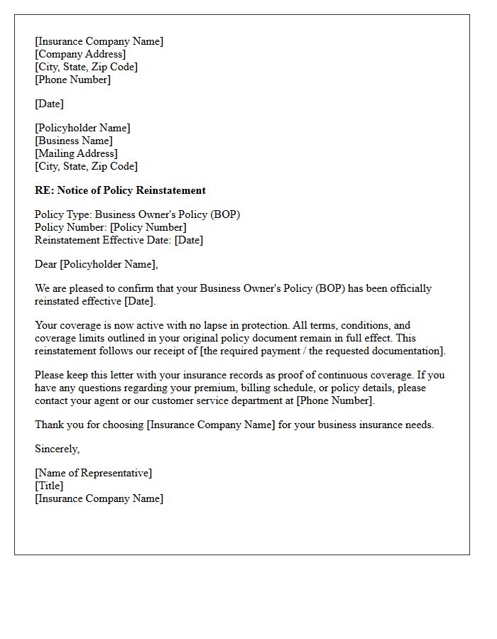 Business Owner Policy Reinstatement Confirmation Letter