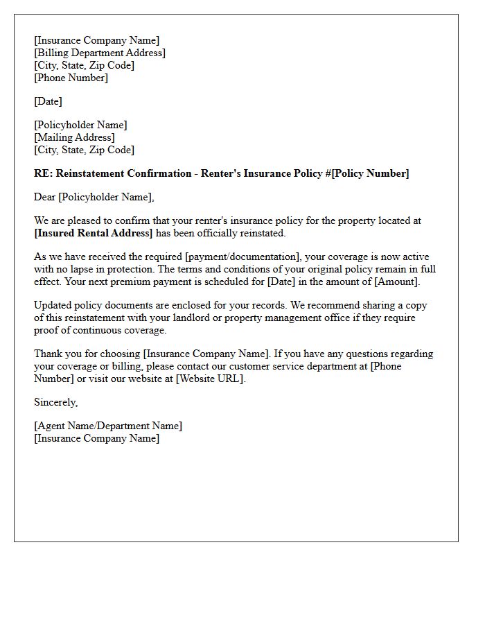 Renter Property Insurance Policy Reinstatement Confirmation Letter