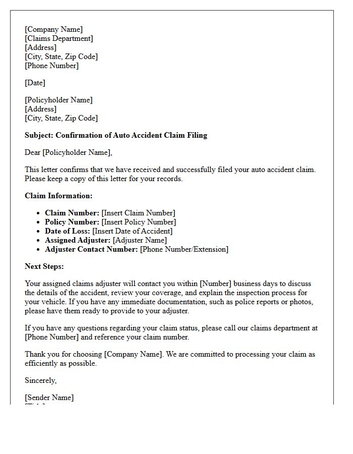 Auto Accident Claim Filing Confirmation Letter
