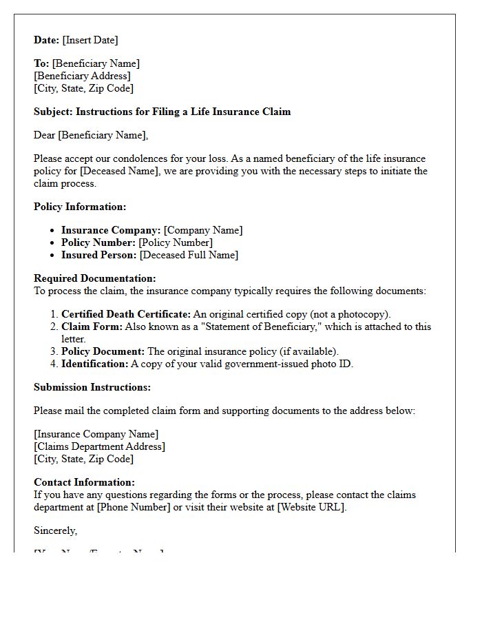 Life Insurance Beneficiary Claim Instruction Letter