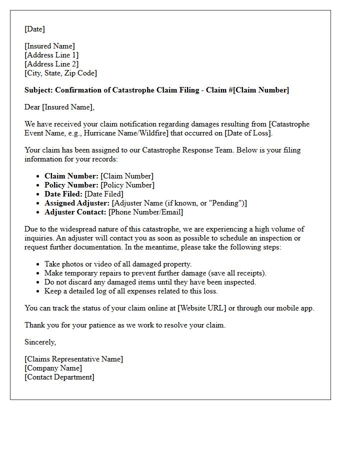 Catastrophe Claim Filing Confirmation Letter