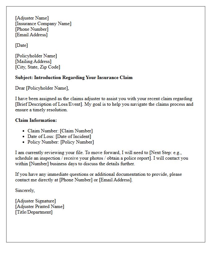 Initial Claim Adjuster Introduction Letter